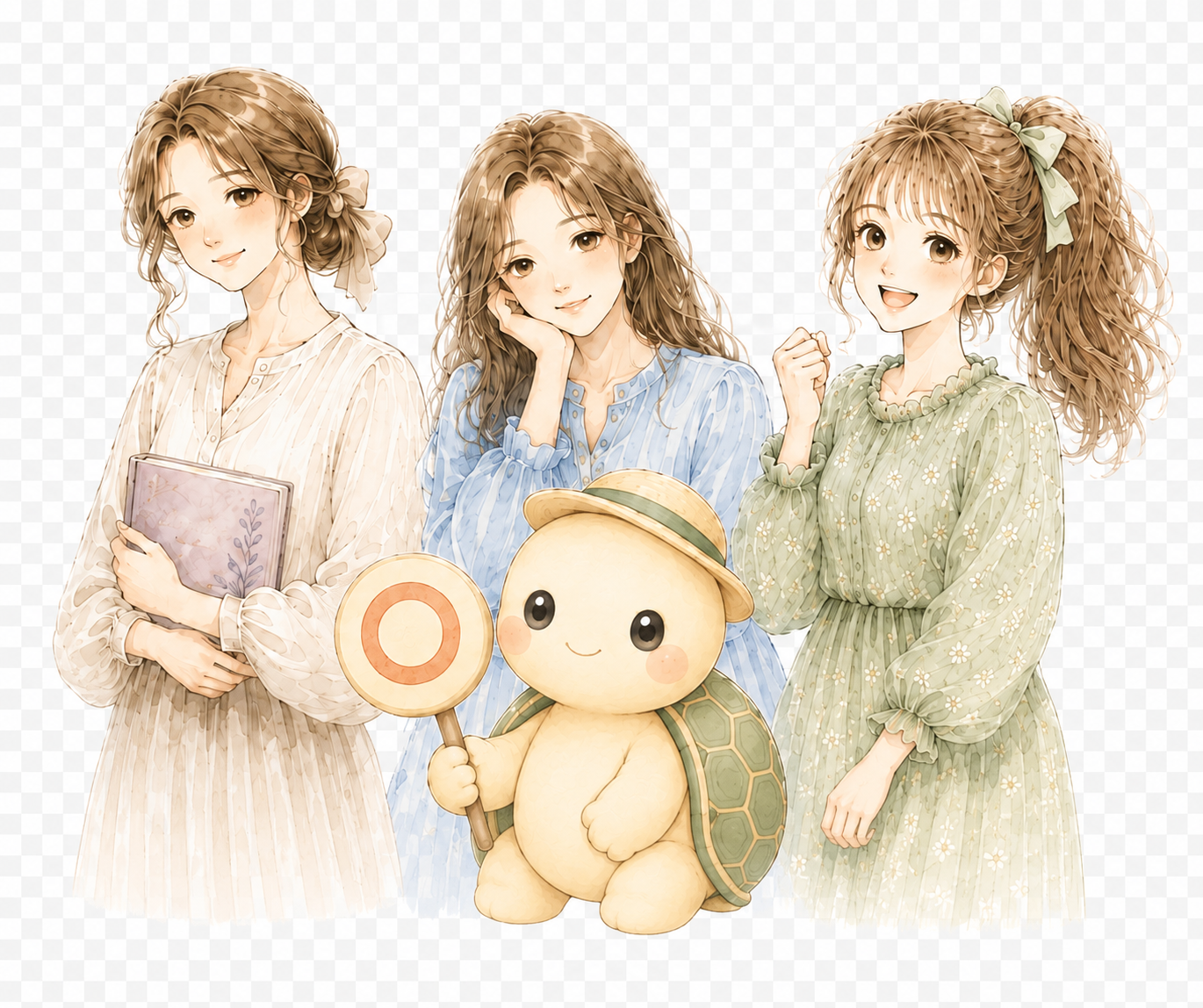 ルル・ミミ・ナナとリクガメさんの集合イラスト